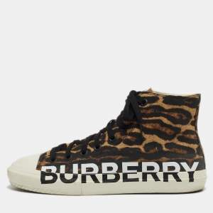 Pre Owned Burberry Brown/Black Leopard Print Canvas Larkhall High Top Sneakers Size 42