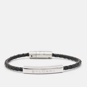 Bvlgari Bvlgari Black Braided Leather Silver Tone Bracelet