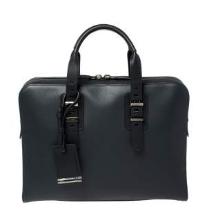 Bvlgari Deep Midnight Blue Leather Zip Briefcase