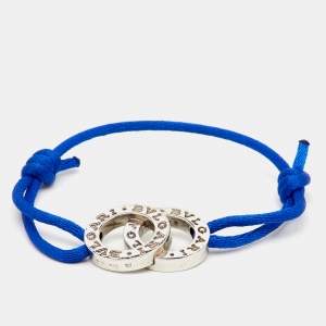 Pre Owned Bvlgari Fortuna Interlocking Circles Sterling Silver Blue Cord Adjustable Bracelet