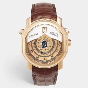 مملوكة مسبقًا Bvlgari Daniel Roth Papillon Voyageur Limited Edition GMT 101835 White Dial 18K Rose Gold Alligator Leather Men's Wristwatch 43 mm