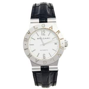 Bvlgari White 18K White Gold Alligator Leather Diagono Men's Wristwatch 35 mm