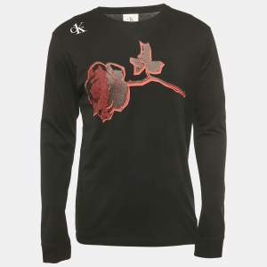 Pre Owned Calvin Klein CKone Black Rose Print Jersey Distressed T-Shirt XS