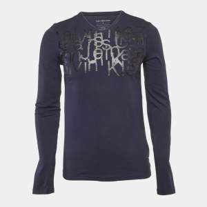Pre Owned Calvin Klein Navy Blue Printed Jersey V-Neck T-Shirt S