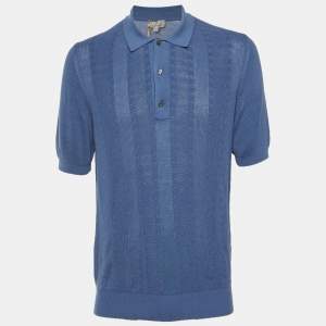 Pre Owned Canali Blue Cotton Cable Knit Polo T-Shirt XL