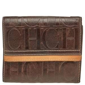 Carolina Herrera Brown Monogram Embossed Leather Trifold Wallet