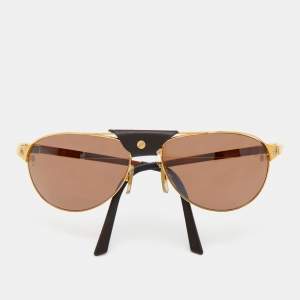 Cartier Edition Santos-Dumont Gold Tone/Brown 5044394 Leather Detail Aviator Sunglasses