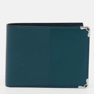 Pre Owned Cartier Turquoise Blue Leather Must De Cartier Marquetery Bifold Wallet