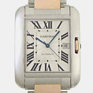 Cartier Silver 18k Rose Gold Stainless Steel Tank Anglaise Automatic Men's Wristwatch 36 mm