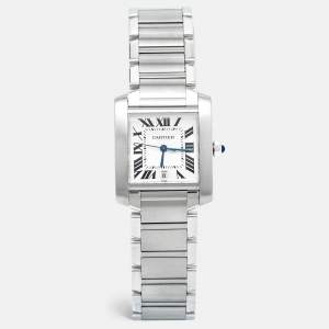 Cartier Opaline White Stainless Steel Tank Francaise W51002Q3 Unisex Wristwatch 28 mm