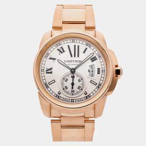 Cartier Silver 18k Rose Gold Calibre de Cartire W7100018 Automatic Men's Wristwatch 42 mm