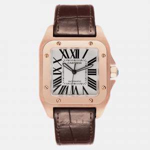 Cartier Santos 100 XL Rose Gold Silver Dial Mens Watch W20095Y1