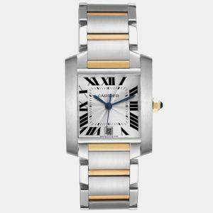 Cartier Silver 18k Yellow Gold Stainless Steel Tank Francaise Automatic Men's Wristwatch 28 mm