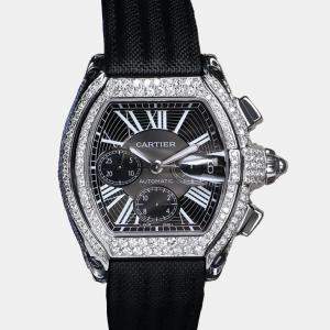Cartier Customised Black 6.00CT Diamond Stainless Steel Roadster W62020X6 Automatic Men's Wristwatch 47.6mm
