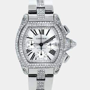 Cartier Customised Silver MOP 10.00CT Diamond Stainless Steel Roadster W62019X6 Automatic Men's Wristwatch 47.6mm