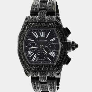 Cartier Customised Black 15.00CT Diamond Stainless Steel Roadster W62020X6 Automatic Men's Wristwatch 47.6mm