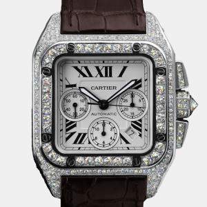 Cartier Customised Silver 17.00CT Diamond Stainless Steel Santos 100 W20090X8 Automatic Men's Wristwatch 41 MM