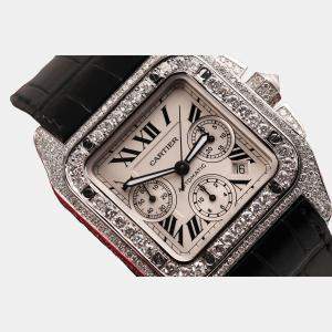 Cartier Customised Silver 17.00CT Diamond Stainless Steel Santos 100  Automatic Men's Wristwatch 41mm