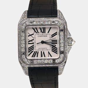 Cartier Customised Silver 15.00CT Diamond Stainless Steel Santos 100 W20073X8 Automatic Men's Wristwatch 41 MM