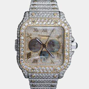 Cartier Customised Blue 33.00CT Diamond 18K Yellow Gold Stainless Steel Santos de Cartier 1904 Automatic Men's Wristwatch 43.3 mm