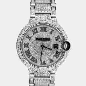 Cartier Customised Diamond Stainless Steel Ballon Bleu W69011Z4 Automatic Men's Wristwatch 37mm
