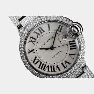 Cartier Customised Blue Diamond Stainless Steel Ballon Bleu Automatic Men's Wristwatch 42 mm