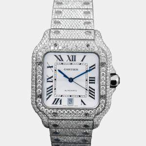 Cartier Customised White 25CT Diamond Stainless Steel Santos 1847 Automatic Men's Wristwatch 39.50 MM