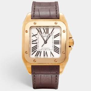 Cartier Silver 18K Rose Gold Alligator Leather Santos 100 W20108Y1 Unisex Wristwatch 33 mm