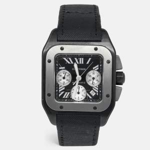 Pre Owned Cartier Black Titanium Stainless Steel Calf Leather Santos 100 XL W2020005 Men's Wristwatch 41 mm 