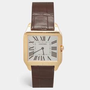 Pre Owned Cartier Santos Dumont W2006951 Manual Winding Silver Dial 18K Rose Gold Alligator Leather Men's Wristwatch 35 mm