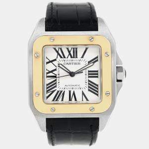 Pre Owned Cartier Santos 100 W20072X7 Automatic White 18k Gold bezel Stainless Steel Men's Wristwatch 38 mm