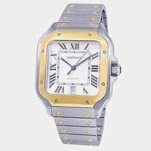 Pre Owned Cartier Santos de Cartier W2SA0009 Automatic Silver Dial Stainless Steel 18k Yellow Gold Men's Wristwatch 39.8mm