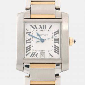 Pre Owned Cartier Tank Francaise W51005Q4 Quartz White 18K Yellow Gold Stainless Steel Men's Wristwatch 28mm