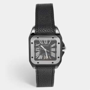 Cartier Black Ceramic Santos 100 Calfskin Leather 2878 Men's Wristwatch 33 mm