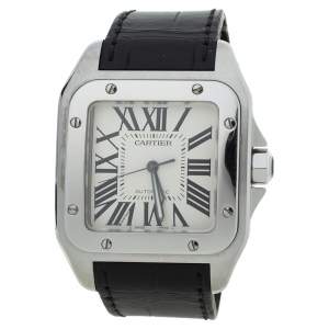 Cartier White Stainless Steel Alligator Leather Santos 100 W20073X8 Men's Wristwatch 38 mm