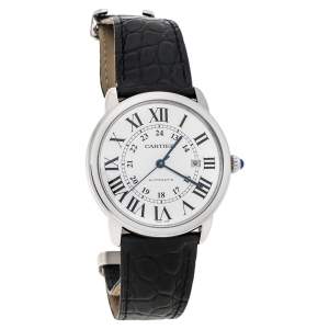 Pre Owned Cartier Silver Stainless Steel Alligator Leather Ronde Solo de Cartier W6701010 Men's Wristwatch 42 mm