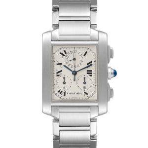 Cartier Silver Stainless Steel Tank Francaise Chronoflex Chronograph W51001Q3 Men's Wristwatch 37 x 28 MM