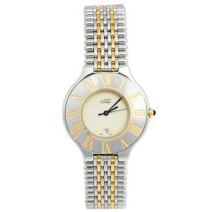 Pre Owned Cartier Cream Two-Tone Stainless Steel Must de Cartier 21 Men's Wristwatch 35 mm 