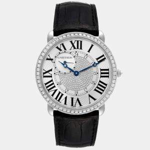 Cartier Silver Diamond 18k White Gold Ronde Louis 3269 Manual Winding Men's Wristwatch 42 mm