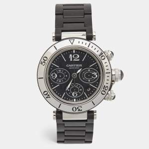 Cartier Black Stainless Steel Rubber Pasha Seatimer W31088U2 Men's Wristwatch 42 mm