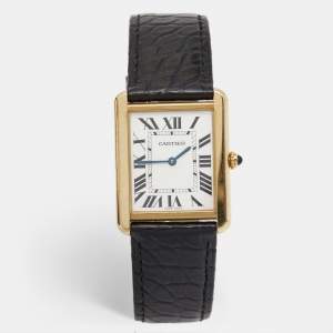 Cartier Silver 18K Yellow Gold Alligator Leather Tank Solo W5200025 Men's Wristwatch 27 mm