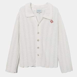 Casablanca White Wavy Open-Knit Cotton Button Front Cardigan S