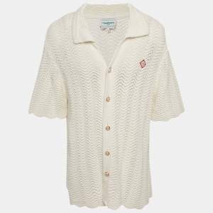 مملوكة مسبقًا Casablanca Cream Wavy Open-Knit Button Front Cardigan L