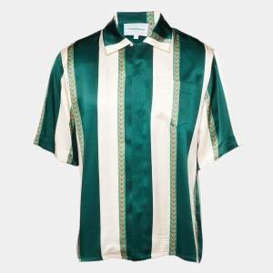 Pre Owned Casablanca Green/Light Pink Laurel Stripe Silk Short Sleeve Shirt L