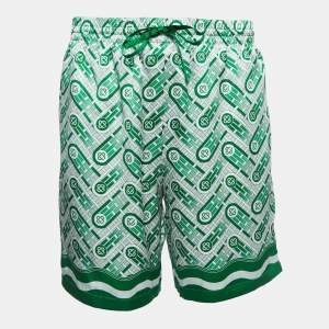 Casablanca Tennis Club Green Monogram Print Silk Shorts L
