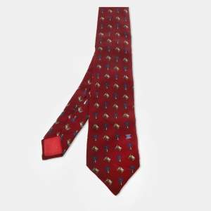 Celine Vintage Burgundy Horse and Badge Print Silk Tie
