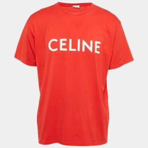 Celine Red Logo Print Jersey Crewneck T-Shirt L