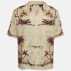 مملوكة مسبقًا Celine Beige Hawaiian Palm Tree Print Silk Bowling Shirt L