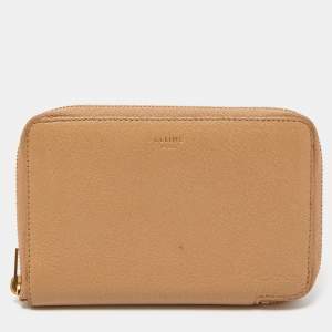 Pre Owned Celine Beige Leather Medium Zipped Around Wallet