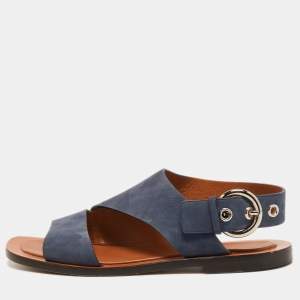 Celine Blue Nubuck Leather Buckle Slingback Flat Sandals Size 39.5